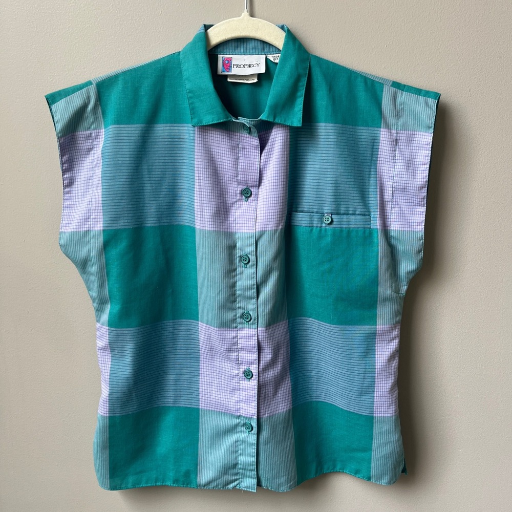Vintage Camp Shirt Women's Small Green Lilac Purple Plaid Summer Retro Boxy Fit